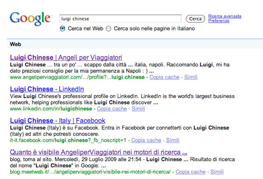 Risultato di ricerca del nome "Luigi Chinese" in Google: www.angeliperviaggiatori.com è visibile quanto le community più famose